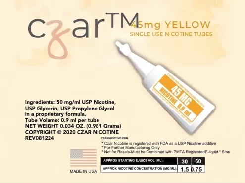 Czar Nic yellow 45mg tube label with ingredients and a mixing chart