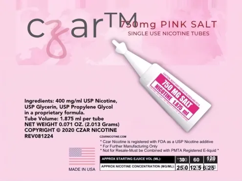 Czar Nic pink 750mg nic salt tube label with ingredients and a mixing chart