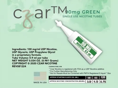 Czar Nic green 90mg tube label with ingredients and a mixing chart