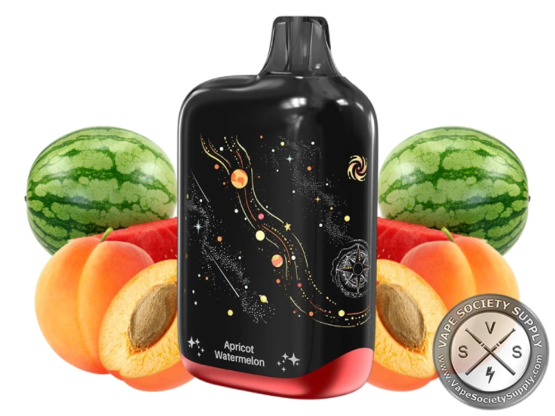 Lost Vape Orion Bar Apricot Watermelon disposable vape in black with gold star art, next to apricots and watermelons