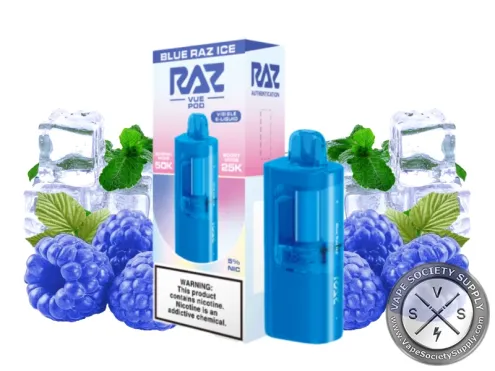RAZ VUE 50K Blue Raz Ice disposable pod and box with blue raspberries