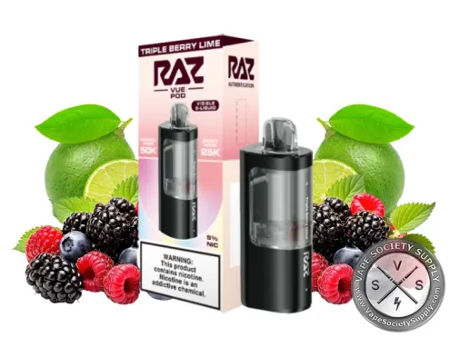 RAZ VUE 50K Mix Berry Lime disposable pod and box with blackberries, raspberries and limes