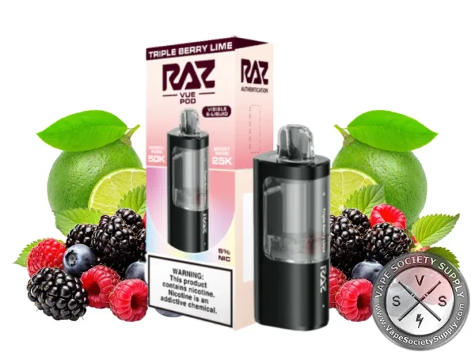 RAZ VUE 50K Mix Berry Lime disposable pod and box with blackberries, raspberries and limes