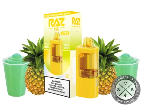 RAZ VUE 50K Pineapple MTN Dew disposable pod and box with pineapples and a green soda