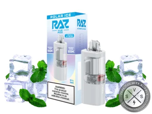 RAZ VUE 50K Polar Ice disposable pod and box with ice cubes and mint leaves