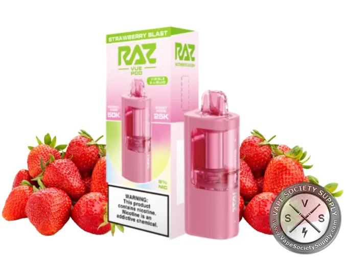 RAZ VUE 50K Strawberry Blast disposable pod and box with strawberries