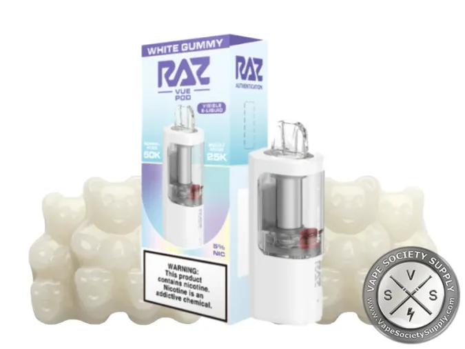 RAZ VUE 50K White Gummy disposable pod and box with white gummy candies