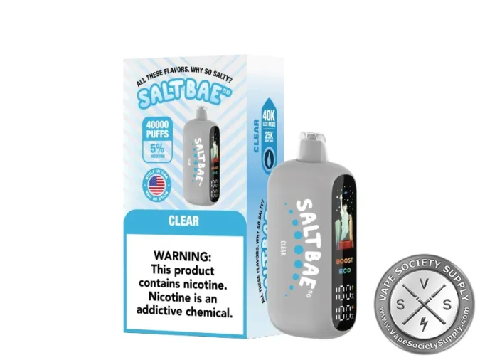 SaltBae50 Clear disposable vape in gray, with its box