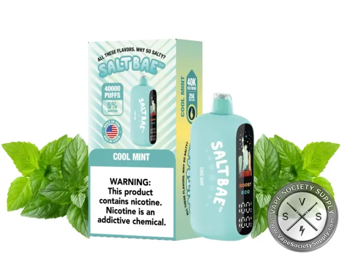SaltBae50 Cool Mint disposable vape in mint green, with its box, next to mint leaves