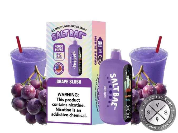 SaltBae50 Grape Slush disposable vape in purple, with its box, next to grapes and grape slush drinks