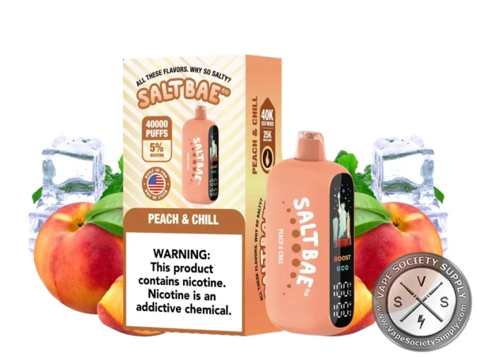 SaltBae50 Peach & Chill disposable vape in peach, with its box, next to peaches and ice cubes