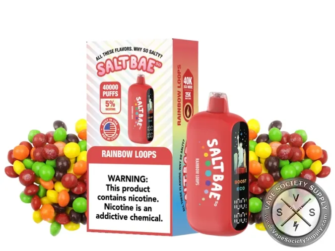 SaltBae50 Rainbow Loops disposable vape in red, with its box, next to colorful fruit candies