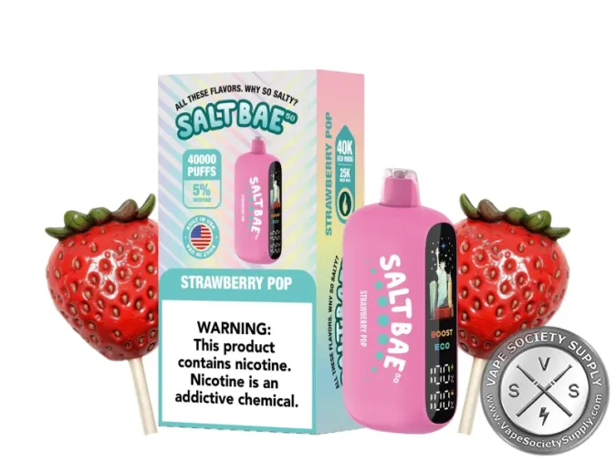 SaltBae50 Strawberry Pop disposable vape in pink, with its box, next to strawberry lollipops