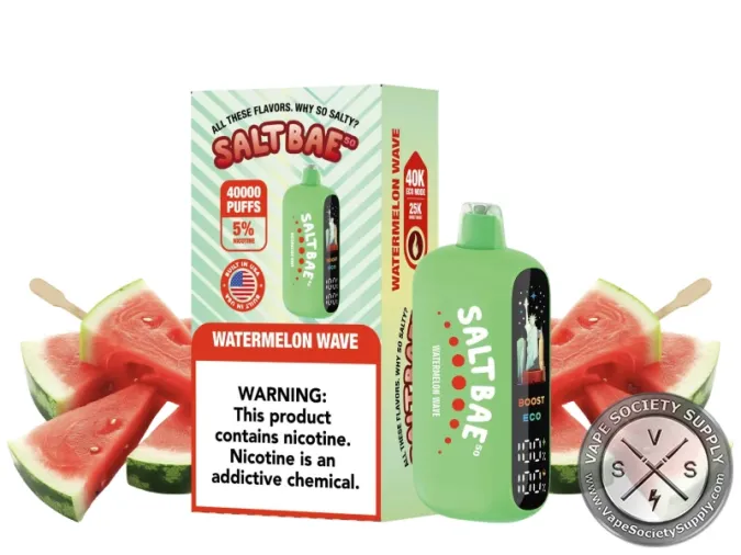 SaltBae50 Watermelon Wave disposable vape in green, with its box, next to watermelon slices on sticks
