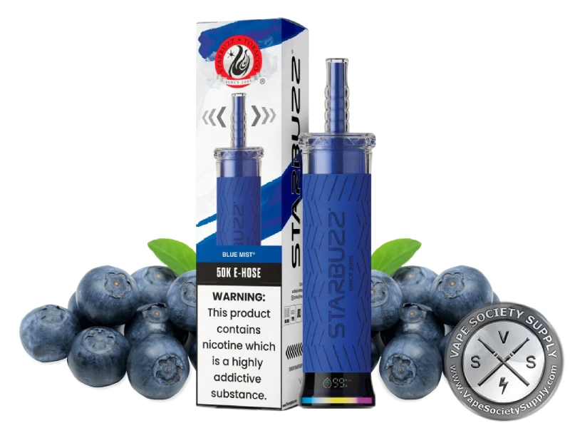 Starbuzz 50K E-Hose Blue Mist disposable vape and box with blueberries