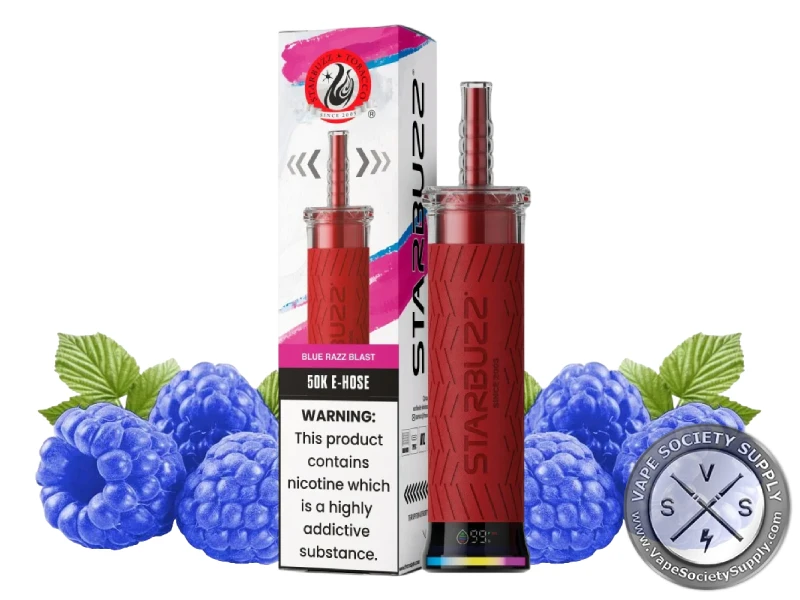 Starbuzz 50K E-Hose Blue Razz Blast disposable vape and box with blue raspberries and mint leaves