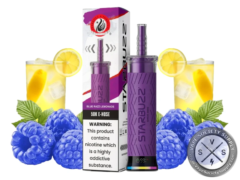 Starbuzz 50K E-Hose Blue Razz Lemonade disposable vape and box with glasses of lemonade with lemon slices, and blue raspberries