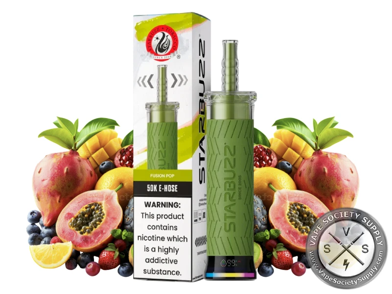 Starbuzz 50K E-Hose Fusion Pop disposable vape and box with papaya, dragon fruit, mangoes and berries
