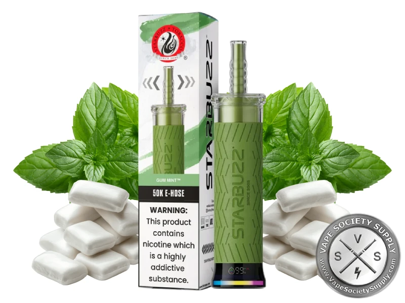 Starbuzz 50K E-Hose Gum Mint disposable vape and box with white chewing gum and mint leaves
