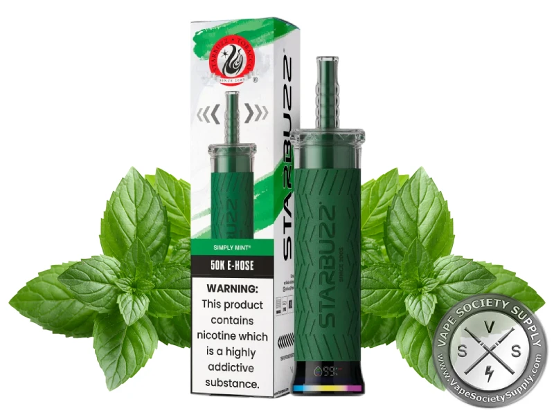 Starbuzz 50K E-Hose Simply Mint disposable vape and box with mint leaves