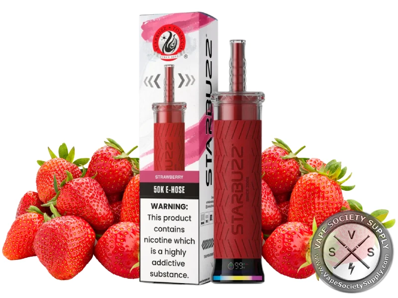 Starbuzz 50K E-Hose Strawberry disposable vape and box with strawberries