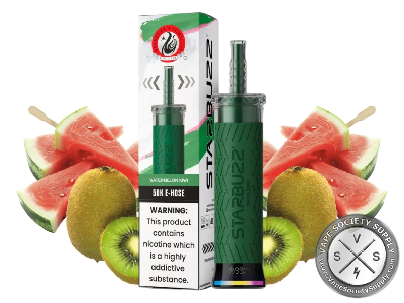 Starbuzz 50K E-Hose Watermelon Kiwi disposable vape and box with watermelon slices and kiwis