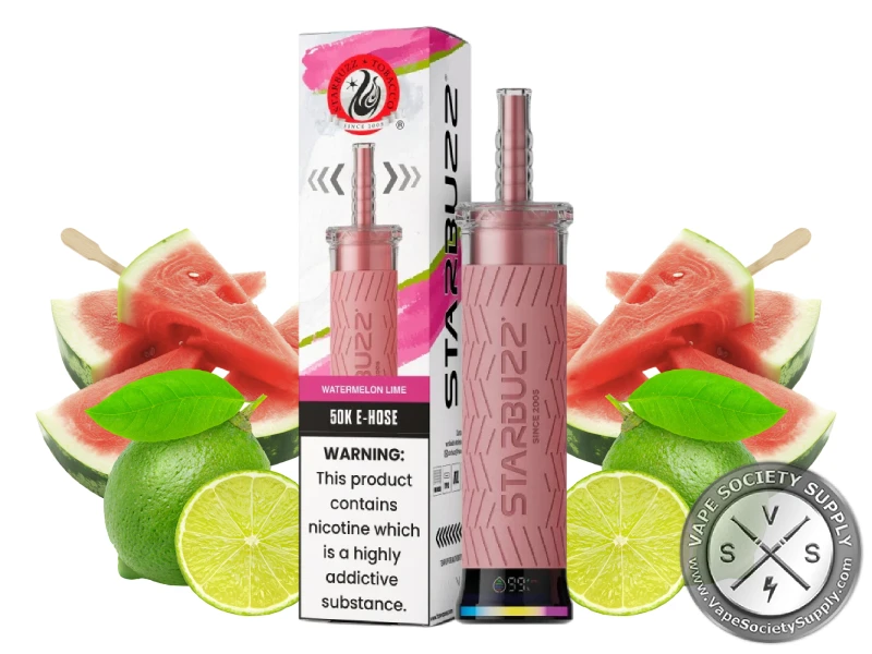 Starbuzz 50K E-Hose Watermelon Lime disposable vape and box with watermelon slices and limes