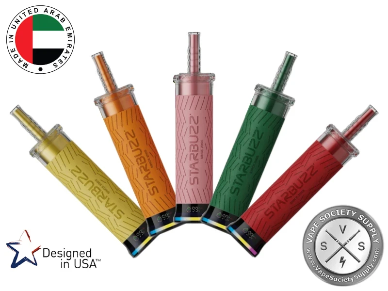 Five Starbuzz 50K E-Hose disposable vapes in yellow, orange, pink, green and red, with a UAE flag badge and a Designed in USA badge