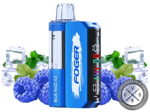 Foger Switch Pro 30K Kit Blue Razz Ice: Switch Pro battery with a Blue Razz Ice pod and blue raspberries, ice cubes and mint leaves