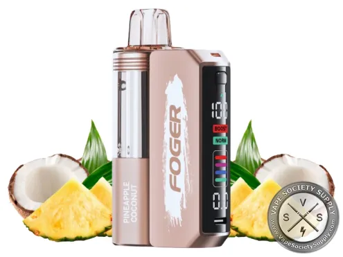Foger Switch Pro 30K Kit Pineapple Coconut: Switch Pro battery with a Pineapple Coconut pod and pineapple and coconuts