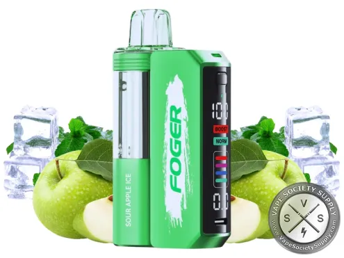 Foger Switch Pro 30K Kit Sour Apple Ice: Switch Pro battery with a Sour Apple Ice pod and green apples, ice cubes and mint leaves