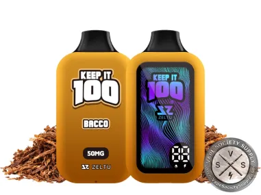 Keep It 100 40K Bacco disposable vape, front and screen side, with loose tobacco leaves