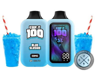 Keep It 100 40K Blue Slushie disposable vape, front and screen side, with cups of blue slushie and straws