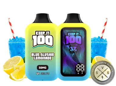 Keep It 100 40K Blue Slushie Lemonade disposable vape, front and screen side, with cups of blue slushie, straws and lemons