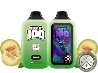 Keep It 100 40K Dew Drop disposable vape, front and screen side, with halved honeydew melons