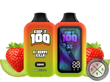 Keep It 100 40K Ki Berry Killa disposable vape, front and screen side, with strawberries and kiwi slices