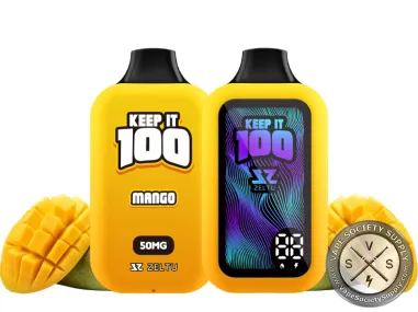 Keep It 100 40K Mango disposable vape, front and screen side, with cut mangoes