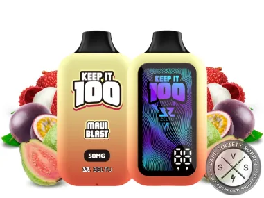Keep It 100 40K Maui Blast disposable vape, front and screen side, with lychees, passion fruit and guava
