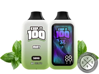 Keep It 100 40K Mint disposable vape, front and screen side, with mint leaves