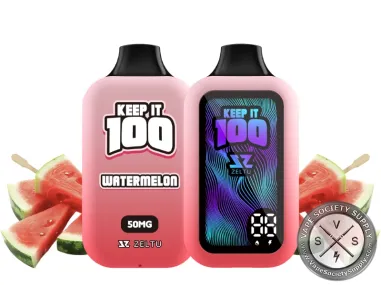 Keep It 100 40K Watermelon disposable vape, front and screen side, with watermelon slices