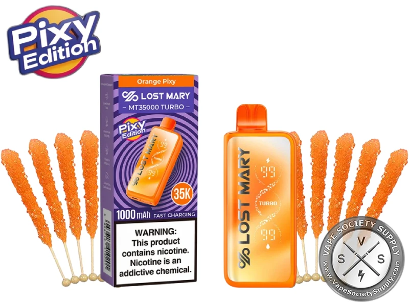 Lost Mary MT35K Turbo Orange Pixy disposable vape in orange with its Pixy Edition box, next to orange rock candy sticks