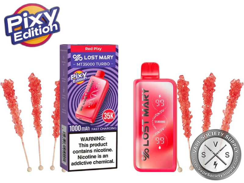 Lost Mary MT35K Turbo Red Pixy disposable vape in red with its Pixy Edition box, next to red rock candy sticks