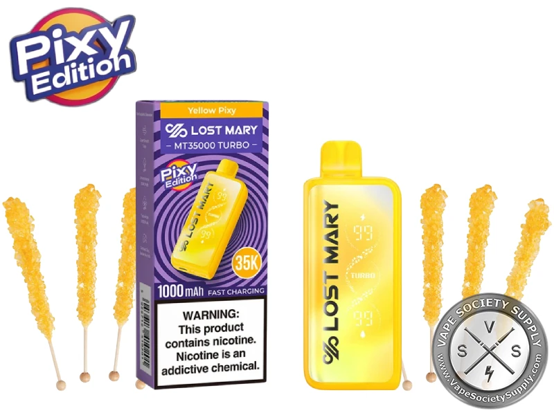 Lost Mary MT35K Turbo Yellow Pixy disposable vape in yellow with its Pixy Edition box, next to yellow rock candy sticks