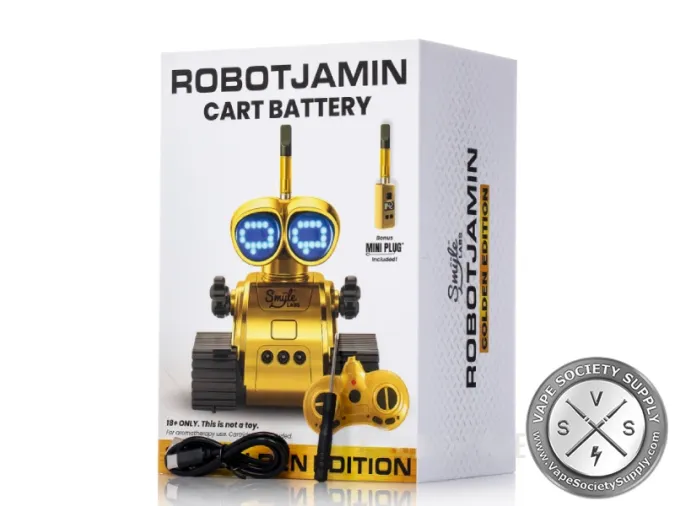 Smyle Labs Robotjamin Golden Edition box with the remote, a USB-C cable and a bonus Mini Plug battery shown