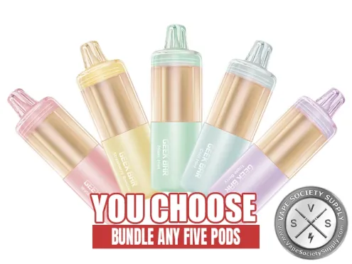 [5-Pack] Geek Bar Mate 60K Pods Bundle: five clear Geek Bar Mate 60K pods with pink, yellow, green, mint and lilac tints, plus a You Choose, Bundle Any Five Pods banner