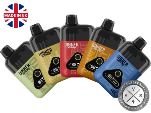 Five Dinner Lady Desserts 40K disposable vapes in light green, tan, red, orange and blue next to a UK flag badge