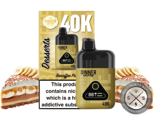 Dinner Lady Desserts 40K Banoffee Pie disposable vape and box with a slice of banoffee pie