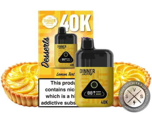 Dinner Lady Desserts 40K Lemon Tart disposable vape and box with a lemon tart