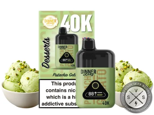 Dinner Lady Desserts 40K Pistachio Gelato disposable vape and box with scoops of pistachio ice cream