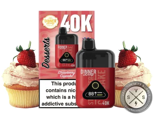 Dinner Lady Desserts 40K Strawberry Cupcake disposable vape and box with strawberry cupcakes